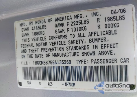 2006 Honda Accord 2.4 Ex from USA, damaged, VIN 1HGCM56756A135269